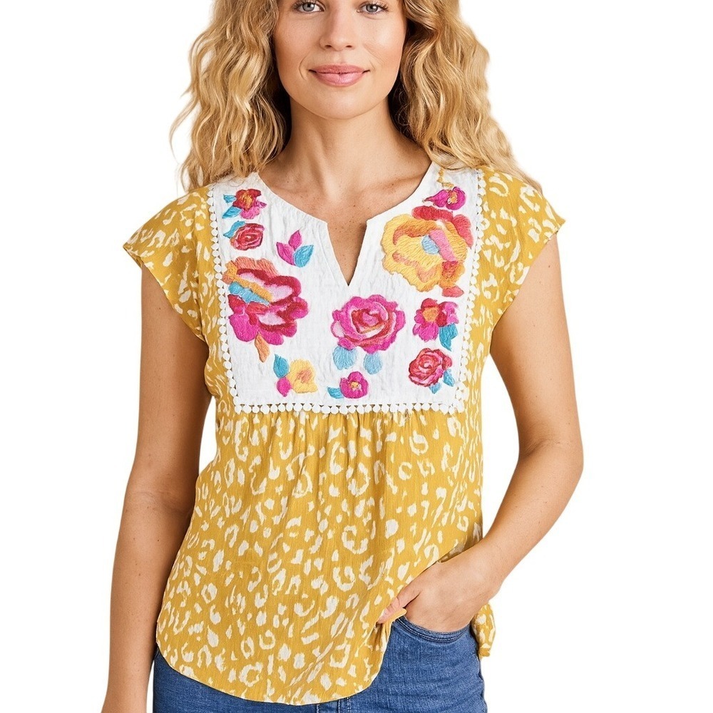 Savanna Jane Yellow Animal Print Floral Embroidered Boho Blouse Small Resortwear